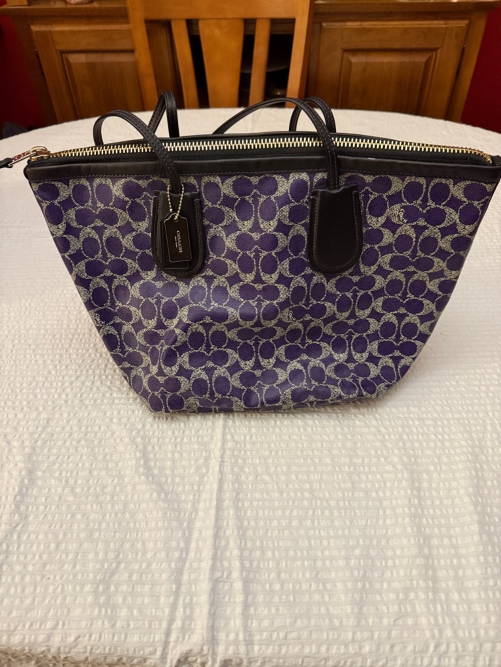 Coach Purple Signature coated Canvas Tote with black Trim